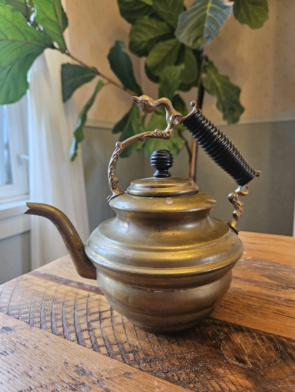 Vintage Brass Teapot Bird Handle Accent